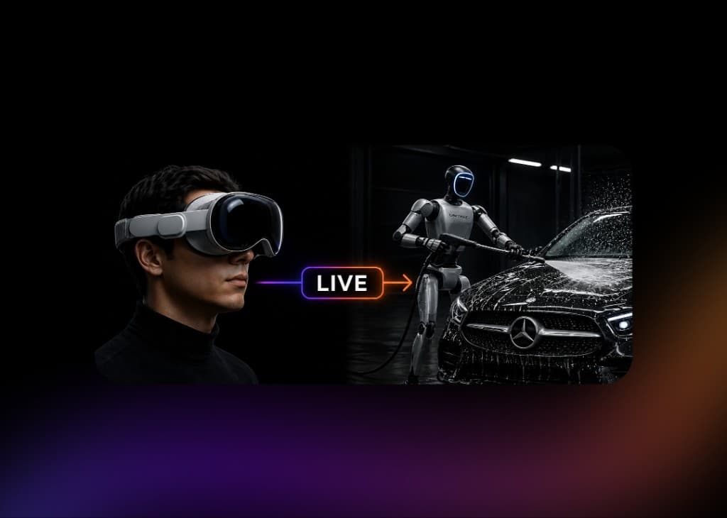 Operator in VR headset connected live to a Unitree robot washing a car